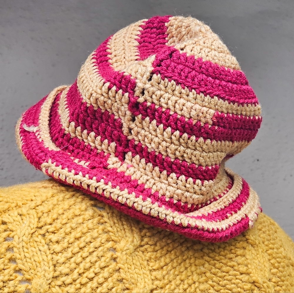 Hand Knit Yellow & Red Bucket Hat Beanie